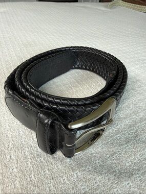 Black leather braided belt with silver buckle size 46